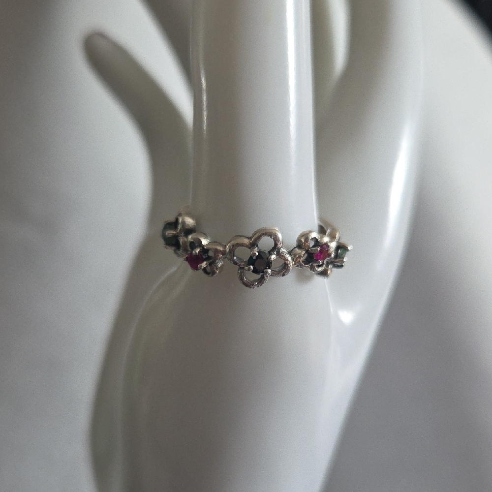 925 Floral Ring With Rubies, Emeralds, And An Obsidian Stone